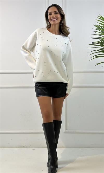 Ekru Serpme Taşlı Sweatshirt