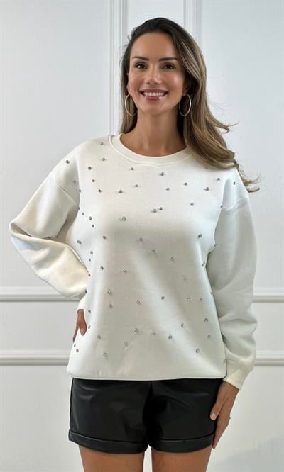 Ekru Serpme Taşlı Sweatshirt