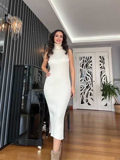 Ekru Uzun Triko Elbise Hırka Takım