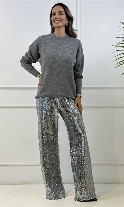 Füme Gümüş Pullu Geniş Kesim Pantolon