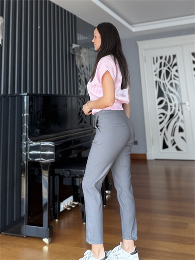 Gri Beli Lastikli Duble Paça Likralı  Pantolon