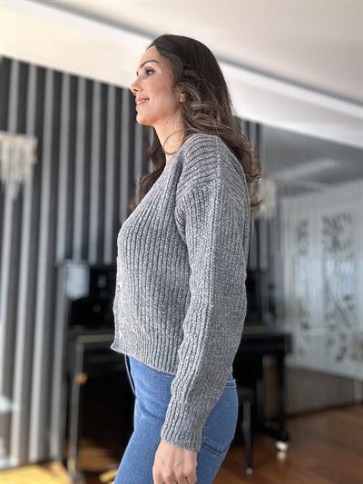Gri Çift Kat Düğmeli Yün Hırka
