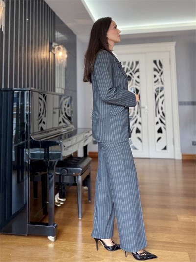 Gri Çizgili Premium Pantolon Ceket Takım