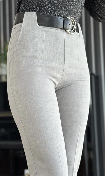Gri Dar Kesim Kemerli Pantolon
