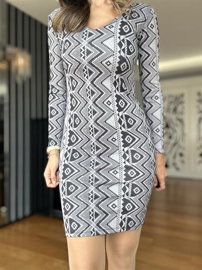 Gri Geometrik Desenli Elbise