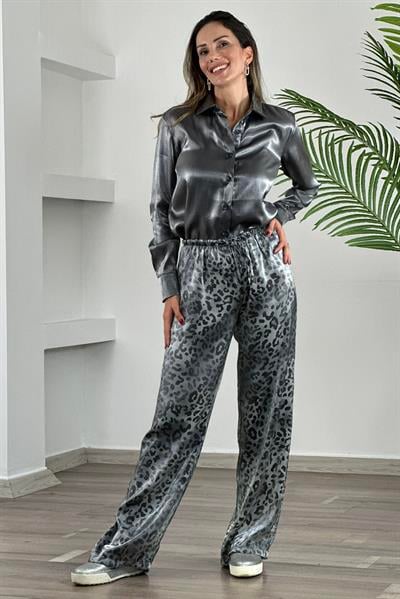 Gri Parlak Saten Beli Lastikli Leopar  Pantolon