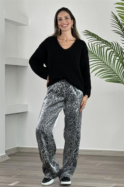 Gri Parlak Saten Beli Lastikli Leopar  Pantolon