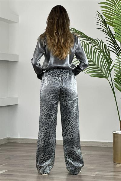 Gri Parlak Saten Beli Lastikli Leopar  Pantolon