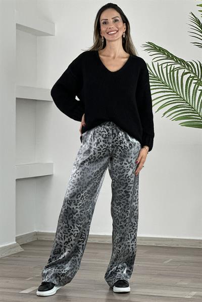 Gri Parlak Saten Beli Lastikli Leopar  Pantolon