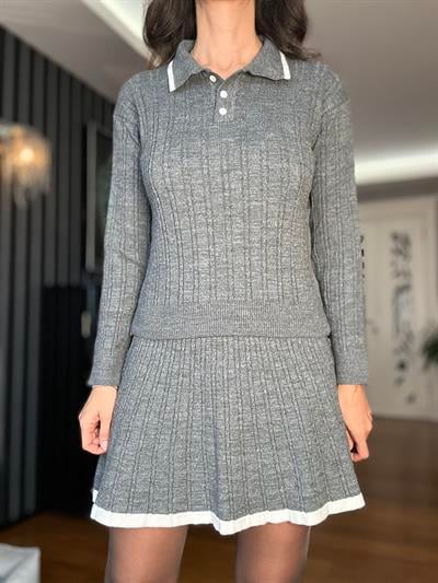 Gri Polo Yaka Bluz Etek Triko Takım 