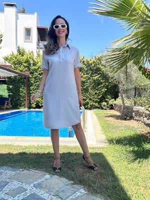 Gri Polo Yaka Midi Elbise