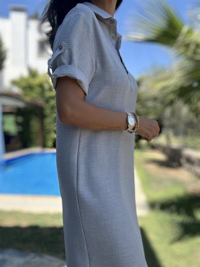 Gri Polo Yaka Midi Elbise