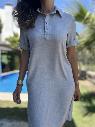 Gri Polo Yaka Midi Elbise