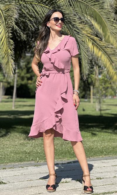 Gül Kurusu Fırfırlı Elbise