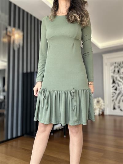 Haki Yeşili Eteği Büzgülü Elbise