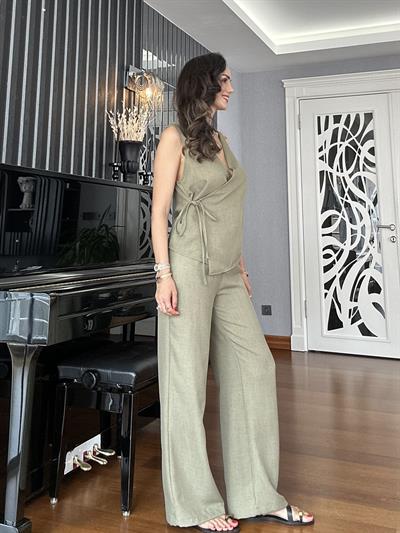Haki Yeşili Keten Pantolon Anvelop Yelek Takım 