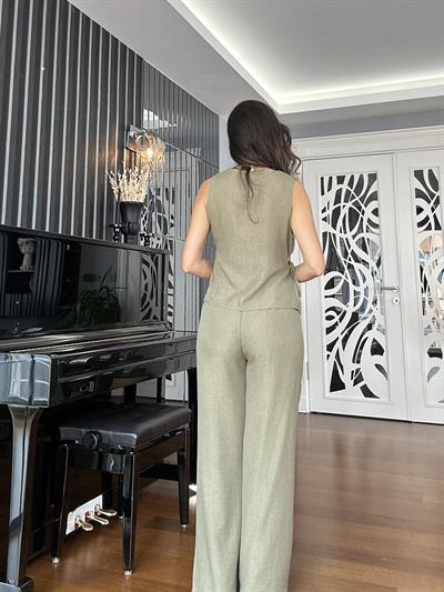Haki Yeşili Keten Pantolon Anvelop Yelek Takım 