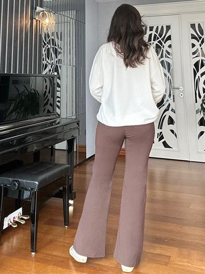 Kahverengi Beli Lastikli Flare Pantolon