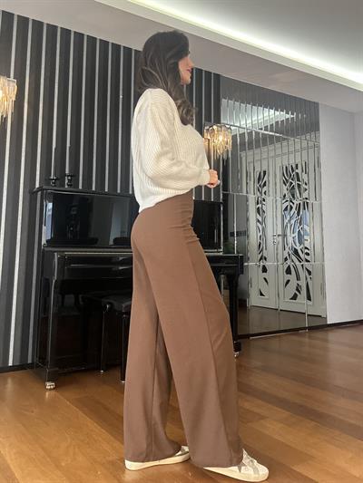 Kahverengi Beli Lastikli Krep Pantolon