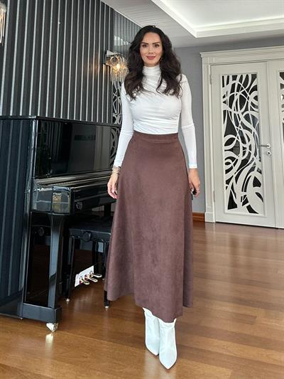 Kahverengi Beli Lastikli Süet Çan Etek