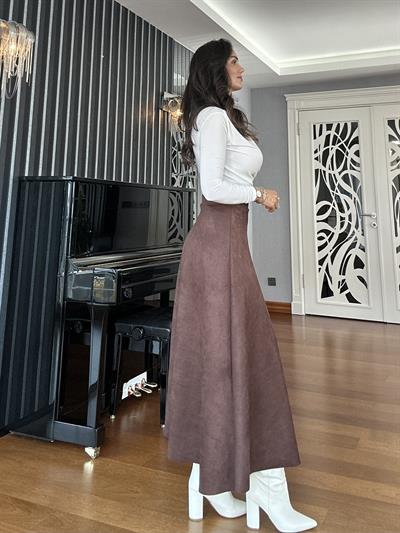 Kahverengi Beli Lastikli Süet Çan Etek