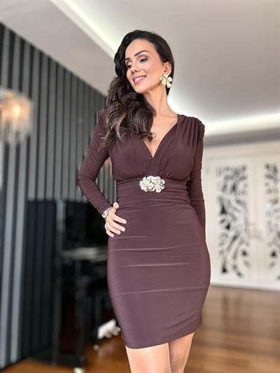 Kahverengi Çiçek Kemerli V Yaka  Elbise