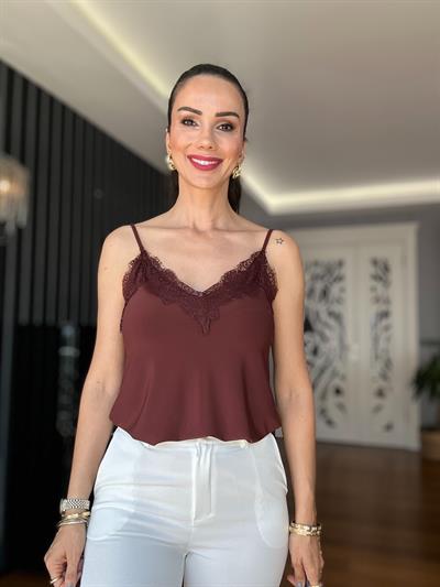 Kahverengi Dantelli Askılı Bluz
