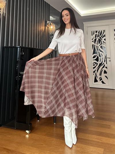 Kahverengi Eteği Asimetrik Beli Lastikli Şifon Etek