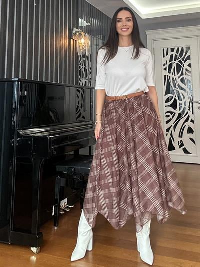 Kahverengi Eteği Asimetrik Beli Lastikli Şifon Etek