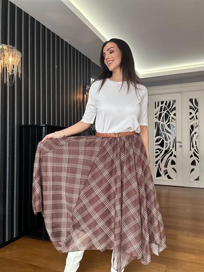 Kahverengi Eteği Asimetrik Beli Lastikli Şifon Etek