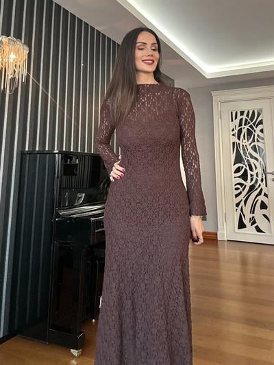 Kahverengi Eteği Volanlı Maxi Dantel  Elbise