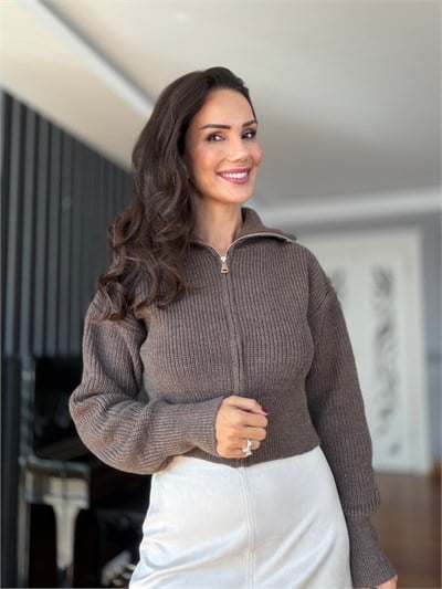 Kahverengi Fermuarlı Şal Yaka Hırka