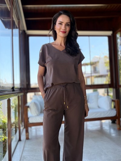 Kahverengi Gold Detaylı Tensel Bluz  Pantolon Takım