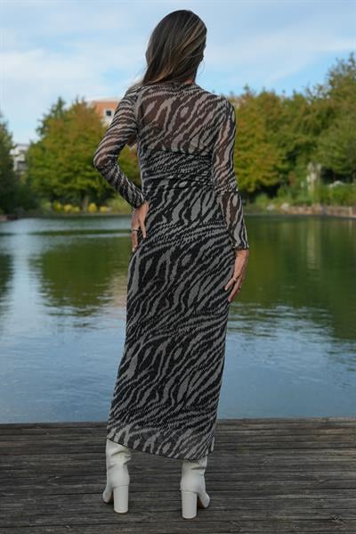 Kahverengi Gold Işıltılı Zebra Tül Elbise