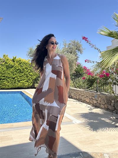 Kahverengi İnce Modal Maxi Elbise 