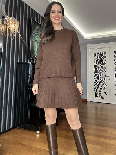 Kahverengi  Kazak Etek Triko Takım 