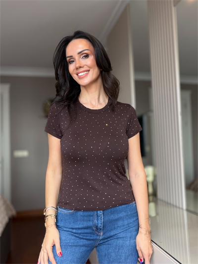 Kahverengi Komple Taşlı Modal Tişört