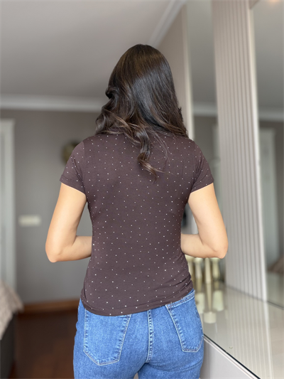 Kahverengi Komple Taşlı Modal Tişört