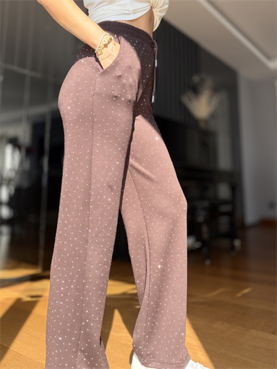 Kahverengi Komple Taşlı Palazzo Eşofman Altı