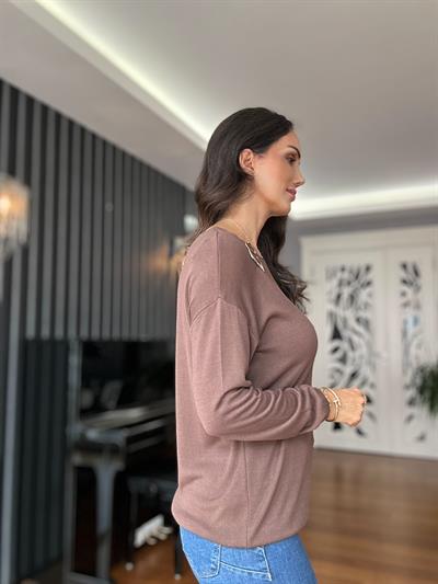 Kahverengi Omuz Aksesuarlı Uzun Kollu Triko Kazak