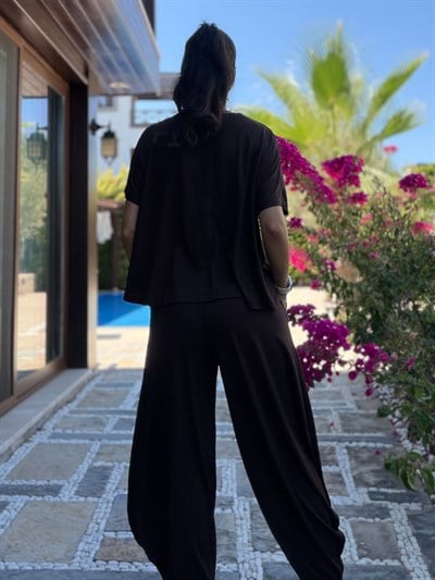 Kahverengi Pileli Modal Şalvar Pantolon Bluz Takım