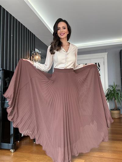 Kahverengi Şifon Piliseli  Maxi Etek