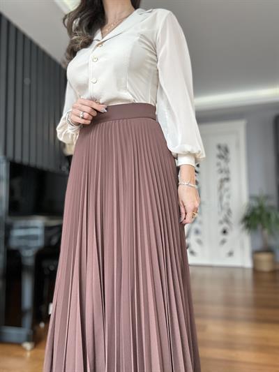 Kahverengi Şifon Piliseli  Maxi Etek