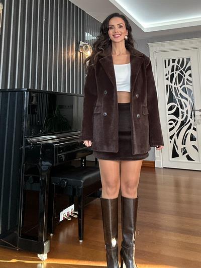 Kahverengi Tüylü Kaşe Oversize Ceket