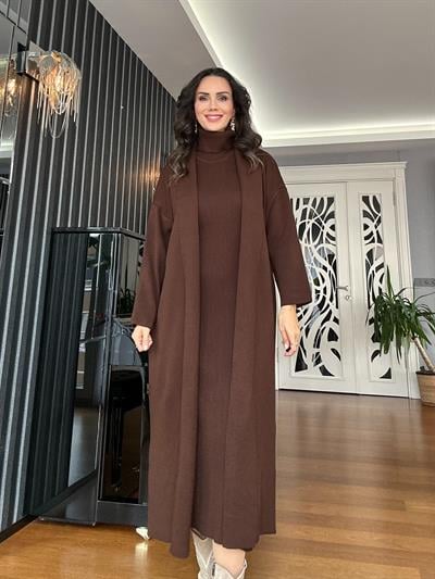Kahverengi Uzun Triko Elbise Hırka Takım