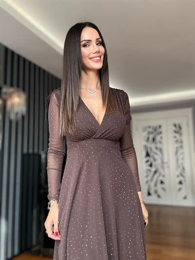 Kahverengi V Yaka Taşlı Kısa Tül Elbise