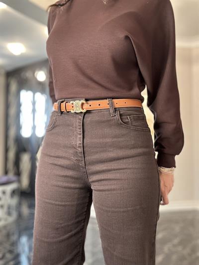 Kahverengi Yüksel Bel  Palazzo Denim Pantolon