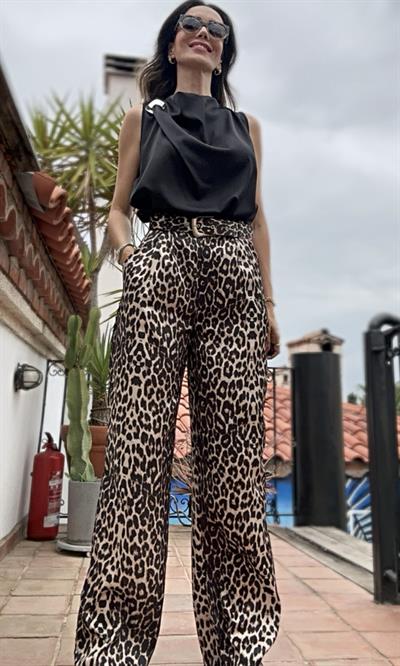 Kemerli Saten Leopar Pantolon