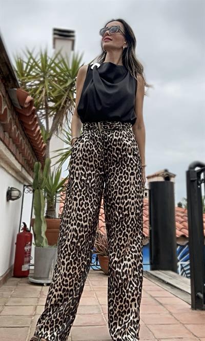 Kemerli Saten Leopar Pantolon