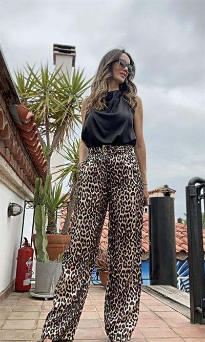 Kemerli Saten Leopar Pantolon